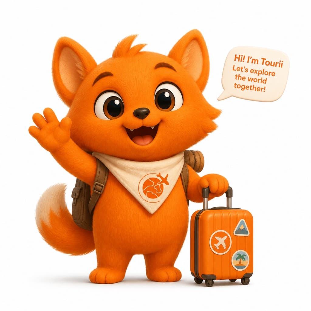 Tourii mascot, a friendly orange fox traveler with a backpack and rolling suitcase, waving hello.